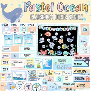 May include: Pastel Ocean classroom decor bundle featuring a whale illustration. Includes alphabet cards, calendar pieces, birthday display, welcome sign, schedule, weather chart, and more. Perfect for creating a cohesive and engaging classroom environment.