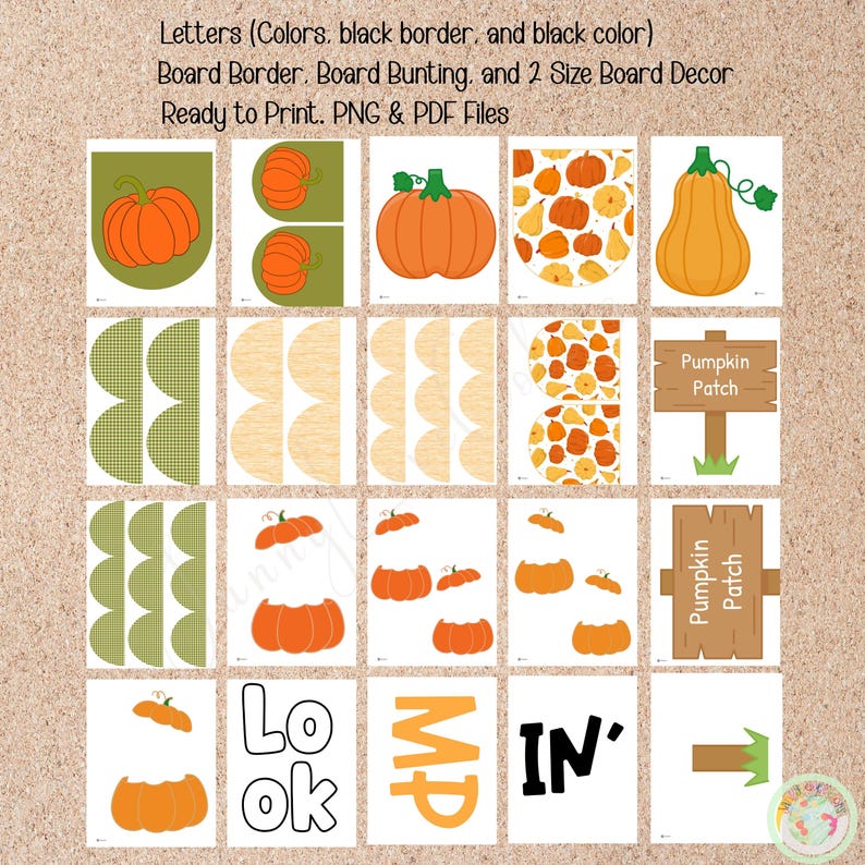 May include: Printable autumn-themed decorations with pumpkins, board bunting, and signs reading "Pumpkin Patch." Designs include orange pumpkins, green accents, and the words "Lo ok MP IN'" in a black border. Ready to print PNG & PDF files.