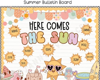 Idee voor zomerprikbord, retro klaslokaaldecoratie | Sunshine april en mei deurdecoratie en -display | Bewerkbaar