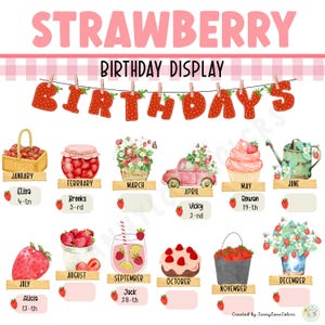 Présentoir d'anniversaire aux fraises | Décoration de salle de classe | Tableau d'affichage d'anniversaire | MODIFIABLE