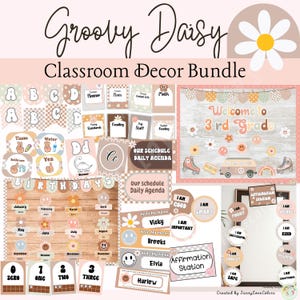 Daisy Klassenzimmer Dekor Bundle | Groovy Gänseblümchen-Retro-Thema | Boho Gänseblümchen Dekor | Klassenzimmer Dekoration | Druckbar