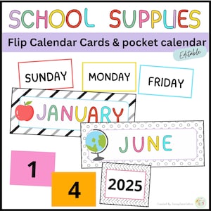 Flip Calendar Cards | Pocket calendar School Suplies Classroom Calendar Display Editable