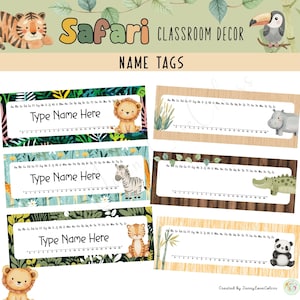 May include: Safari-themed classroom name tags with animal illustrations. Each tag features a space to write a name, a ruler, and a different animal, including a lion, zebra, tiger, panda, hippo, and crocodile. The tags are decorated with jungle foliage.