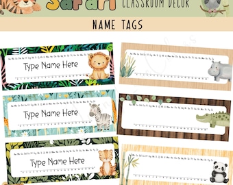 May include: Safari-themed classroom name tags with animal illustrations. Each tag features a space to write a name, a ruler, and a different animal, including a lion, zebra, tiger, panda, hippo, and crocodile. The tags are decorated with jungle foliage.