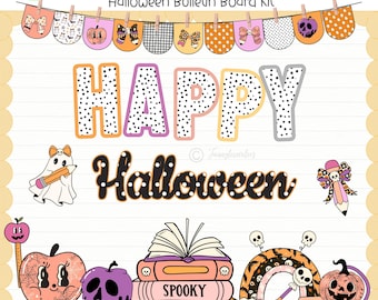 May include: A Halloween-themed classroom decor kit with a banner, the words "HAPPY Halloween," and various illustrations. The banner features pumpkins, ghosts, and bows. The words are in orange, black, and gray with polka dots. Other illustrations include a stack of books and a rainbow.