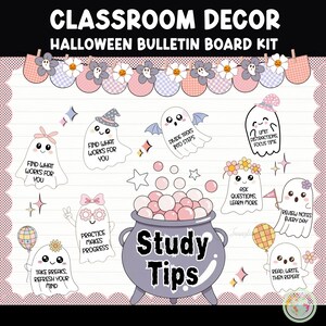 May include: A Halloween-themed classroom bulletin board kit with ghost illustrations and study tips. The design features a cauldron with the words "Study Tips" and ghosts with study-related phrases. The colour scheme is soft, using pinks, purples, and whites.