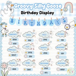 Puede incluir: Una exhibición de cumpleaños caprichosa con el texto "Groovy Silly Goose Birthday Display". El diseño incluye gansos de dibujos animados, nubes y flores, con nombres enumerados debajo de cada mes. La palabra "BIRTHDAYS" se muestra en la parte superior en letras azules.