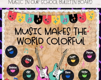 Peut inclure: Un tableau d'affichage de classe avec le texte "Music Makes the World Colorful". Le tableau est décoré de notes de musique colorées, d'étoiles et de guitares. Il y a aussi plusieurs disques vinyles avec des noms écrits dessus.