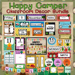 Happy Camper Back to School Classroom Decor, Bulletin Board Kit, Classroom Posters, A-Z Letters, Door Decor, Easy Classroom Decorations