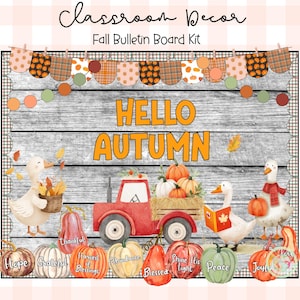 May include: A fall-themed bulletin board kit with the text "Hello Autumn." The design features a red truck carrying pumpkins, geese, and various pumpkins with words like "Hope" and "Grateful." The top has a banner of pumpkins and plaid.