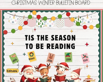 May include: A Christmas-themed bulletin board with the text "Tis the season to be reading". The bulletin board is decorated with red and green garland, snowflakes, and a variety of Christmas characters reading books. The bulletin board is also decorated with the names of students, such as "Jack", "Bobby", "Josh", "Zoya", and "Ellis".