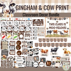Gingham and Cow Print Classroom Decor Bundle, Country Classroom Decor, Farmhouse Classroom Rules Posters, Farmhouse Cow Print