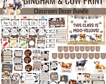 Gingham Cow Print Classroom Decor Bundle: Farmhouse Style