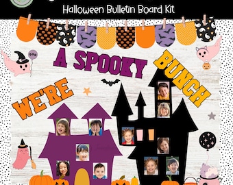 May include: A Halloween bulletin board kit with the text "Classroom Decor" and "Halloween Bulletin Board Kit". The design includes a banner with orange, black, and purple accents, along with cartoon ghosts, pumpkins, and the words "We're A Spooky Bunch".