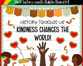 Könnte beinhalten: Black History Month Bulletin Board Kit mit einem Holzhintergrund, bunten Girlanden und roten Herzen mit darauf geschriebenen Namen. Der Text "HISTORY Teaches us KINDNESS CHANGES THE WORLD!" wird in der Mitte des Boards angezeigt. Das Kit ist editierbar.