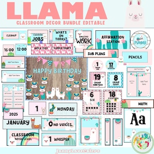 Lama Klassenzimmer Dekor Bundle, Tür Dekor, Kaktus Klassenzimmer Dekor, bedruckbar, bearbeitbar, digitaler Download, ruhiges Klassenzimmer Dekor Paket