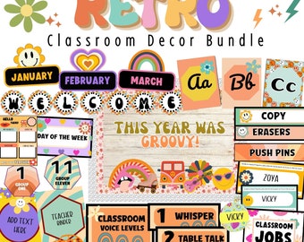 Retro Klassenzimmer Dekor Paket: Groovy Dekor-Kit zum Ausdrucken