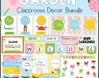 Könnte beinhalten: Ein Klassendekor-Paket mit Garten-Thema. Das Paket beinhaltet Alphabet-Poster, Klassenregeln, Willkommensbanner, Tempo-Anleitungen, Geburtstagskalender und mehr. Die Poster zeigen eine Vielzahl von bunten Illustrationen, darunter Schmetterlinge, Bienen und Blumen.