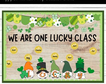 May include: A bulletin board kit for St. Patrick's Day with a green, white, and gold color scheme. The bulletin board features a banner with shamrocks and the text "We are one lucky class". There are also individual name tags for students and a row of leprechauns with the letters "LUCKY" on their hats.