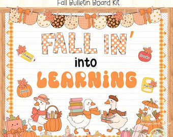 May include: A fall bulletin board kit featuring the text "CLASSROOM DECOR Fall Bulletin Board Kit" and "FALL IN' into LEARNING". The design includes orange and brown bunting, geese with books, pumpkins, candles, and name tags for students.