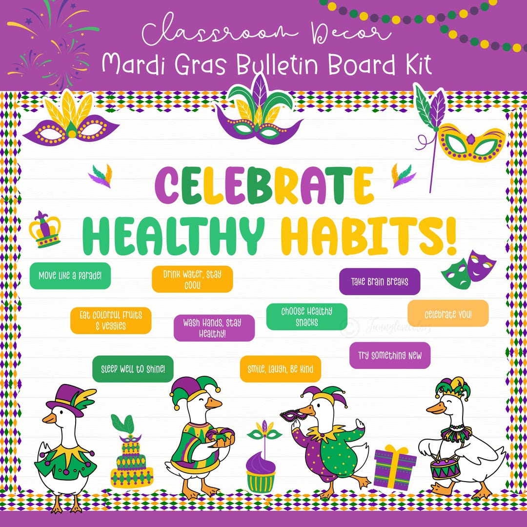 Mardi Gras Healthy Habits Bulletin Board Kit | Classroom Decor (PNG ...