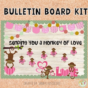 May include: A bulletin board kit with a Valentine's Day theme. The kit includes a banner with pink and white hearts, a sign that says "sending you a monkey of love", and several monkey cutouts with hearts. The kit is perfect for decorating a classroom or home for Valentine's Day.