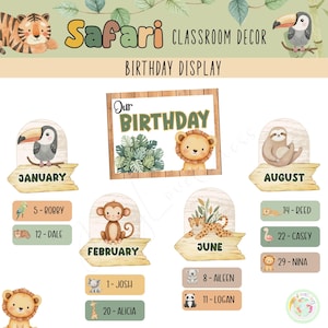 May include: Safari classroom decor with a birthday display. The design features a wooden sign with the text "Our Birthday" and animal illustrations. Individual month signs and name tags are also included.