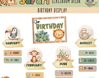 Birthday Bulletin Board, Classroom Birthday Chart, Safari Classroom Decor, Editable