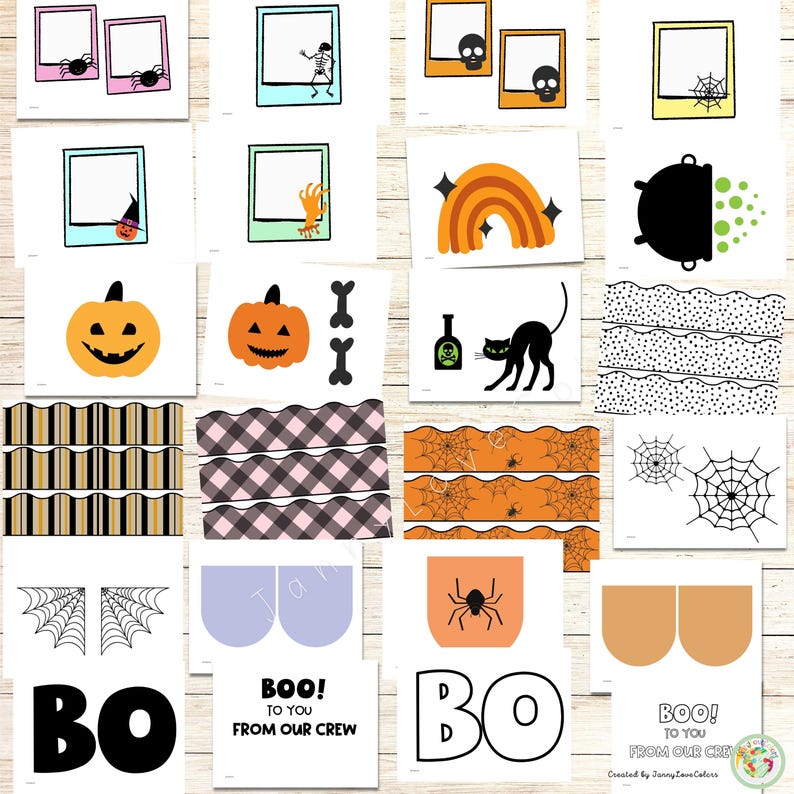 May include: A set of printable Halloween party decorations featuring black and white illustrations of pumpkins, spiders, cats, cauldrons, rainbows, and spiderwebs. The text "BOO! To You From Our Crew" is included in the set.