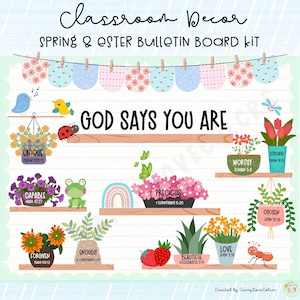 Könnte beinhalten: Ein farbenfrohes Bulletin Board-Set mit Frühlings- und Osterthema. Das Set enthält ein Banner mit Blumen und eine Botschaft, die lautet "Gott sagt, du bist". Das Set enthält außerdem mehrere Blumentöpfe mit ermutigenden Worten und Bibelversen.