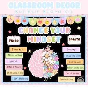 Pode incluir: Um kit de quadro de avisos para sala de aula com o texto "CHANGE YOUR MINDSET" em cores pastel. Inclui um gráfico central de um cérebro, metade rosa e metade floral, com etiquetas "FIXED" e "GROWTH" e várias frases motivacionais em cartões.