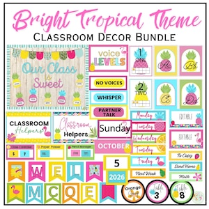 Classroom Decor Bundle, Door Decor, Back to school, Printable, Bright Tropical Classroom Decor Theme, EDITABLE