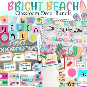 Paquete de decoración para aula con temática de playa/Decoración para aula con colores brillantes/Kit de decoración de puertas/Decoraciones fáciles para el aula