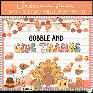 Thanksgiving Groovy Bulletin Board Kit Fall Door Decor Classroom Editable