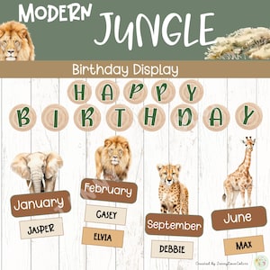 Könnte beinhalten: Eine Geburtstagskarte zum Thema "Moderner Dschungel" mit einem Hintergrund aus Holz. Die Anzeige enthält die Worte "Happy Birthday" und zeigt Illustrationen eines Löwen, eines Elefanten, eines Geparden und einer Giraffe. Namen und Monate sind ebenfalls enthalten.