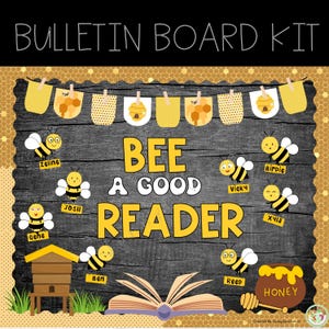 以下が含まれることがあります： 蜂をテーマにした掲示板キット。タイトルは「Bee a Good Reader」。掲示板は、ハニカム、蜂、本で飾られています。蜂には生徒の名前も書かれています。