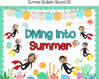 Prikbordkit zomer | Deurdecoratie klaslokaal | Decoratie mei | Einde schooljaar | Duiken in de zomer