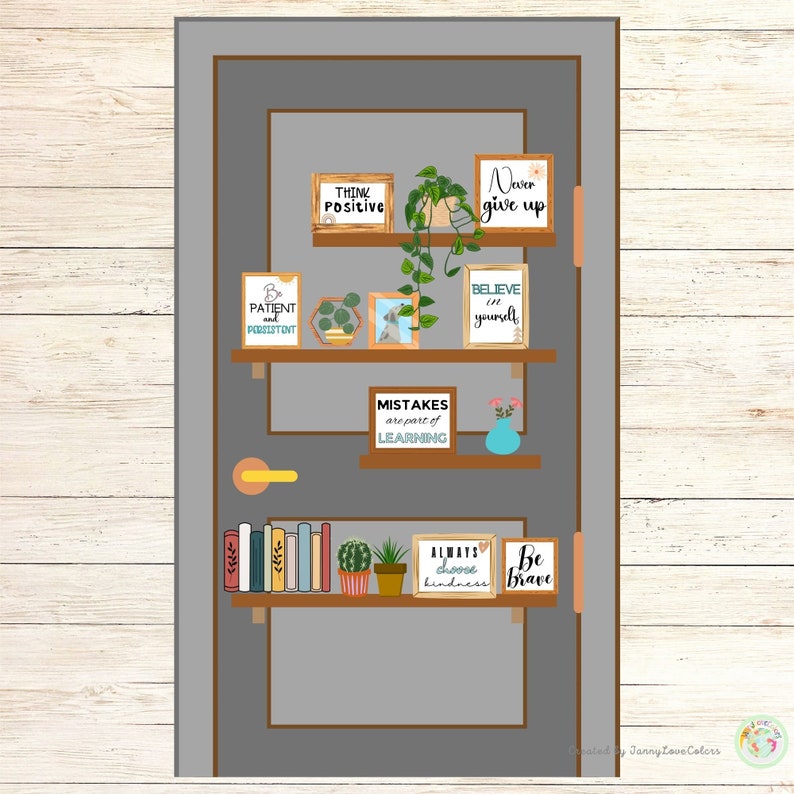 May include: A grey door with three shelves decorated with motivational quotes and plants. The shelves are filled with books, a cactus, and a succulent. The quotes include "Think Positive", "Never Give Up", "Be Patient and Persistent", "Believe in Yourself", "Mistakes are part of Learning", "Always Choose Kindness", and "Be Brave".