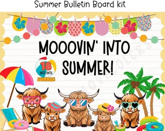 Aftellen tot de zomer Bulletinboard Kit en Highland Cow Klaslokaaldecoratie Seizoensgebonden klasdecor Hulpmiddelen voor docenten Vakantie