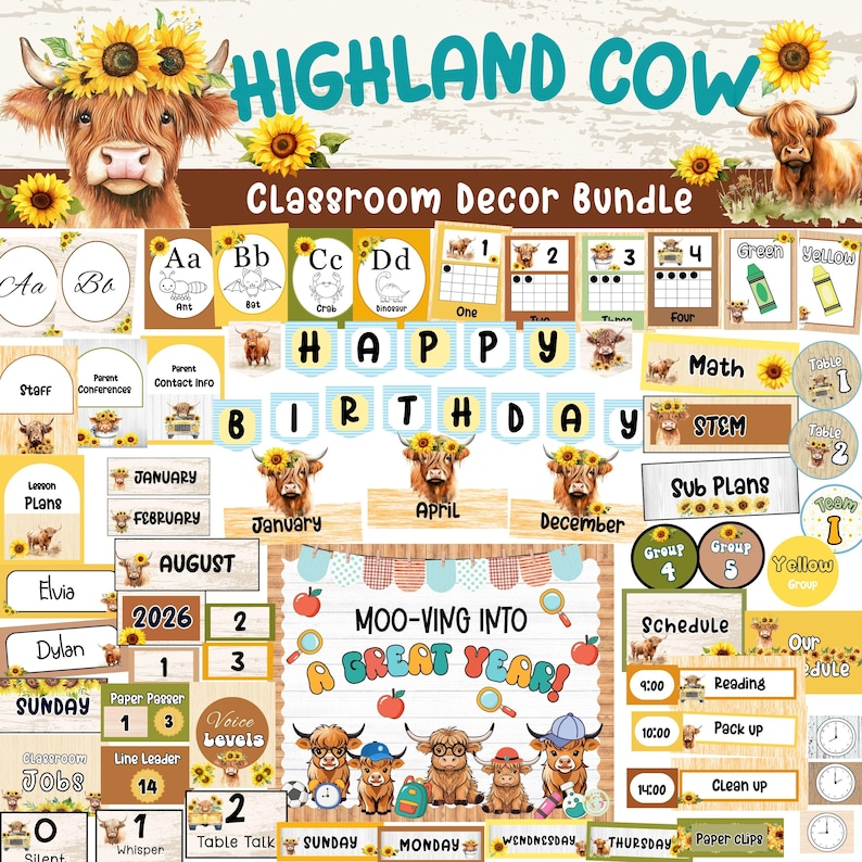 Highland Cow Classroom Decor Bundle Boho Neutral Theme Editable - Etsy