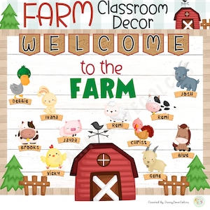 May include: A colorful classroom decor poster with the words "FARM Classroom Decor" and "WELCOME to the FARM" in a banner style. The poster features a red barn, farm animals, and a list of names.