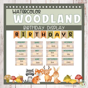 Watercolor Woodland Animals Birthday Chart Display | Classroom Decor | Birthday Bulletin Board Kit | Editable