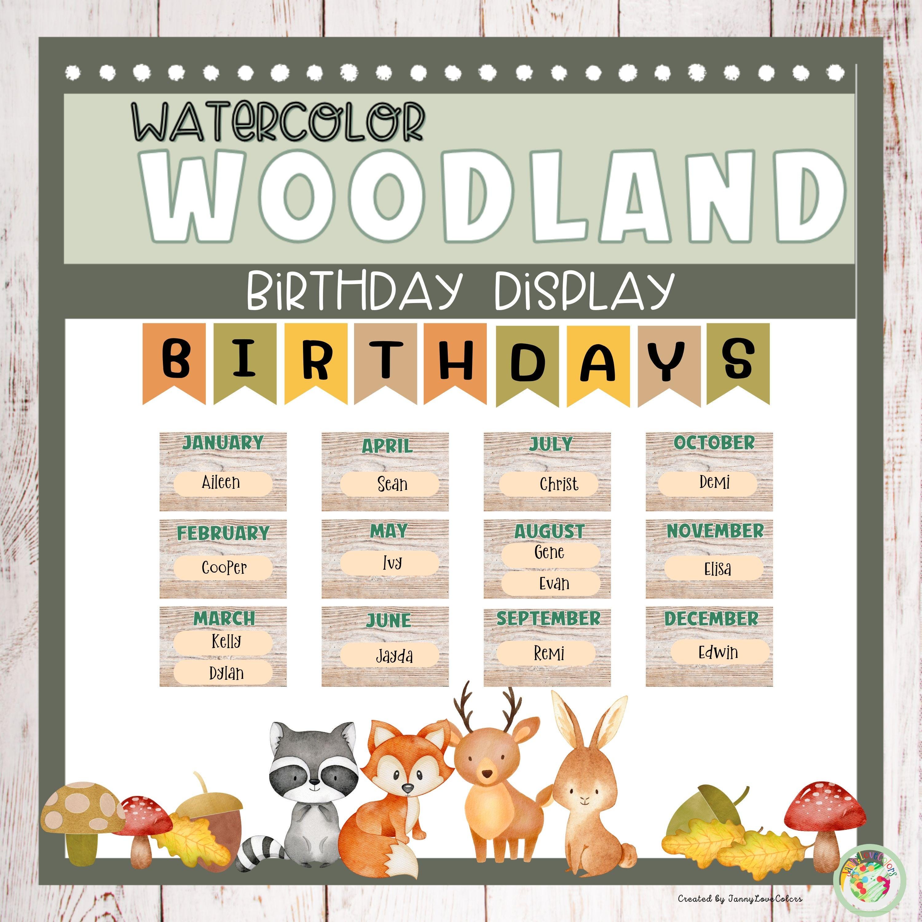 Watercolor Woodland Animals Birthday Chart Display | Classroom Decor ...