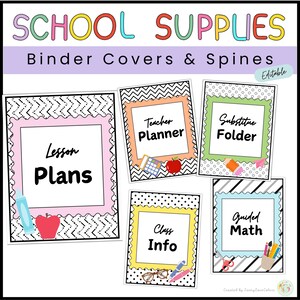 May include: Printable binder covers and spines for teachers. The covers feature different patterns and school-themed illustrations, including a teacher planner, substitute folder, lesson plans, class info, and guided math.