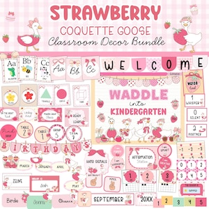 Puede incluir: Un conjunto de decoración digital para el aula con temática de fresas y ocas. Incluye tarjetas del alfabeto, un cartel de bienvenida, letreros de cumpleaños, tablas de números y etiquetas con gráficos rosas, blancos y rojos.