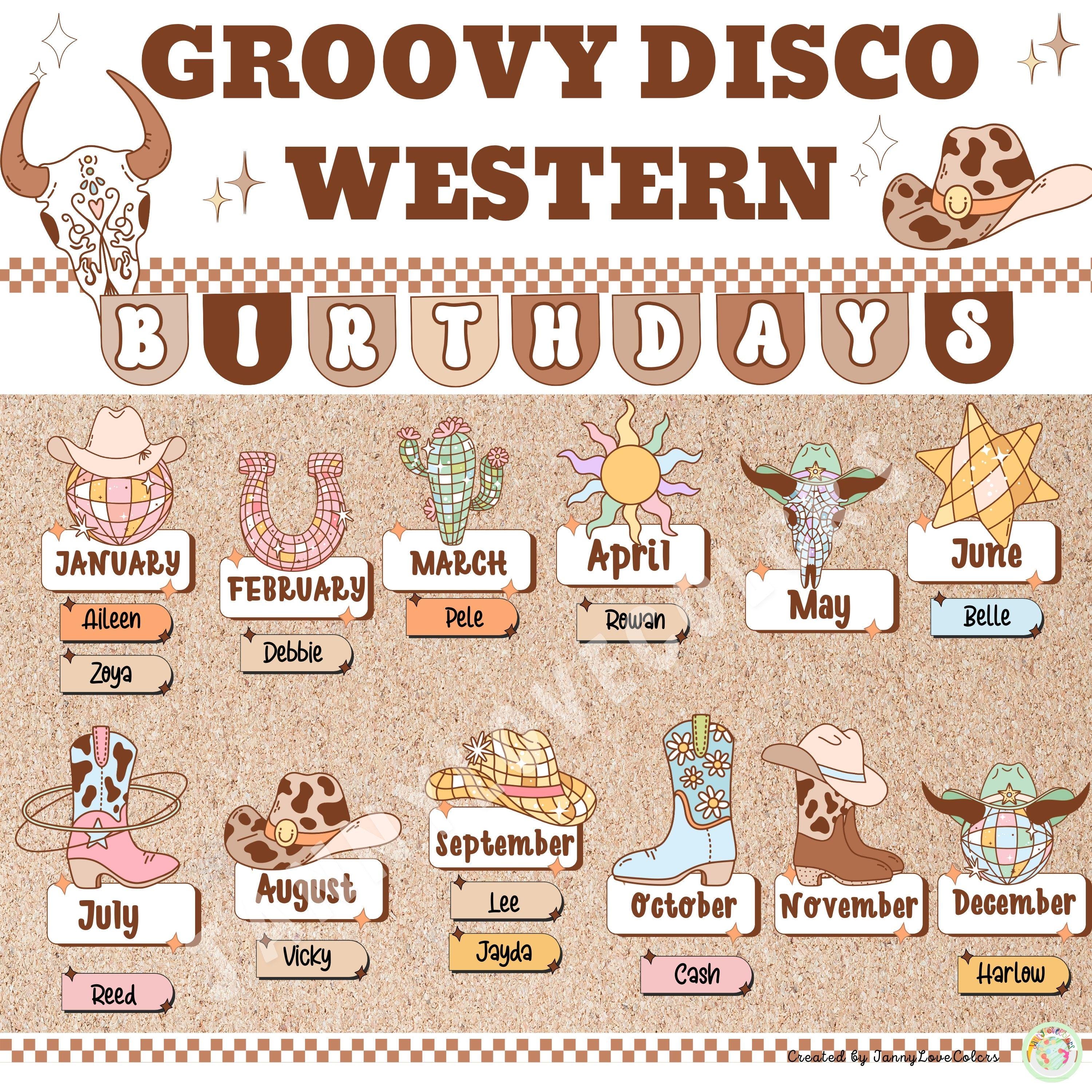Groovy disco western Birthday Bulletin Board Kit | Retro Birthday Display | Classroom Decor | Door Decor | Editable