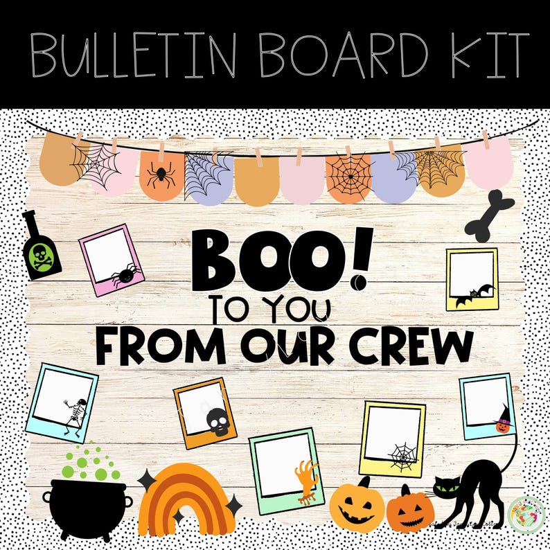 May include: A Halloween bulletin board kit with the text "BOO! TO YOU FROM OUR CREW". The kit includes a variety of Halloween-themed decorations, such as a spider web banner, a rainbow, a cauldron, pumpkins, and black cats. There are also several blank photo frames that can be used to display student photos.