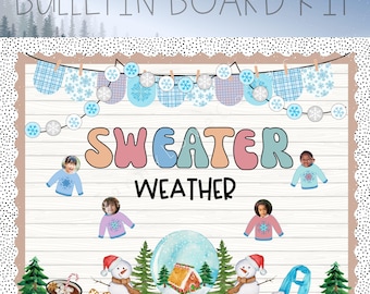May include: A bulletin board kit with the words "Sweater Weather" in colorful letters. The kit includes a snow globe, two snowmen, a winter hat, a scarf, and a pair of ice skates. The bulletin board is decorated with snowflakes and blue and white plaid patterns.