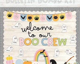 Może przedstawiać: Zestaw do tablicy ogłoszeń o tematyce Halloween z tęczą, duchami, nietoperzami i dyniami. Tekst "Welcome to our BOO CREW" jest wyświetlany kolorowymi literami.