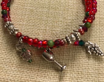 Red, Green and Silver Tone Glass Bead Wine Theme Bracelet with Wine Glass Charm